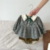 Autumn bestseller baby girl's pure cotton dark green floral three-piece set for infant outings + collar Specification image